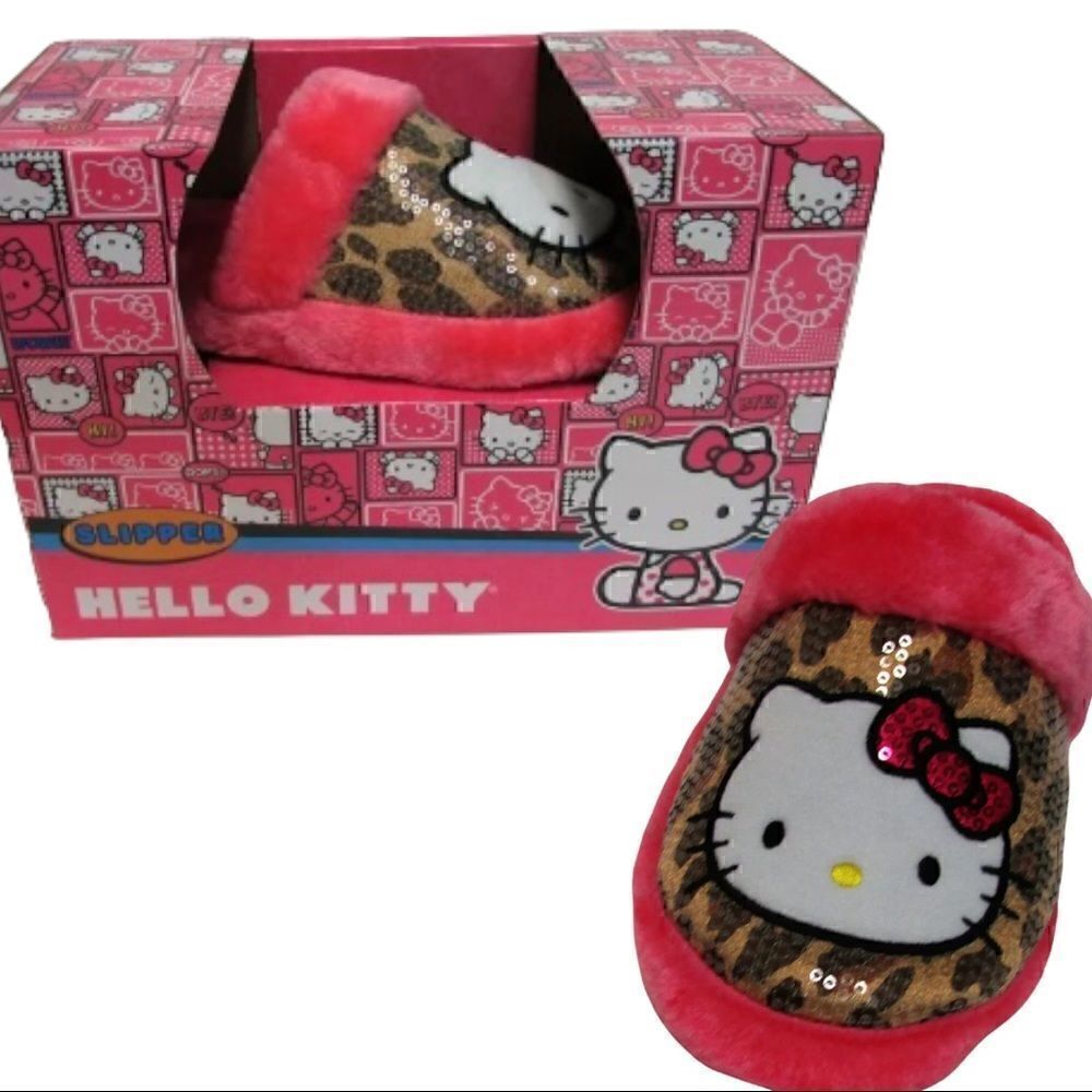 Sanrio Hello‎ Kitty Pink Leopard Sequin Plush Slippers Womens S 5-6 NEW